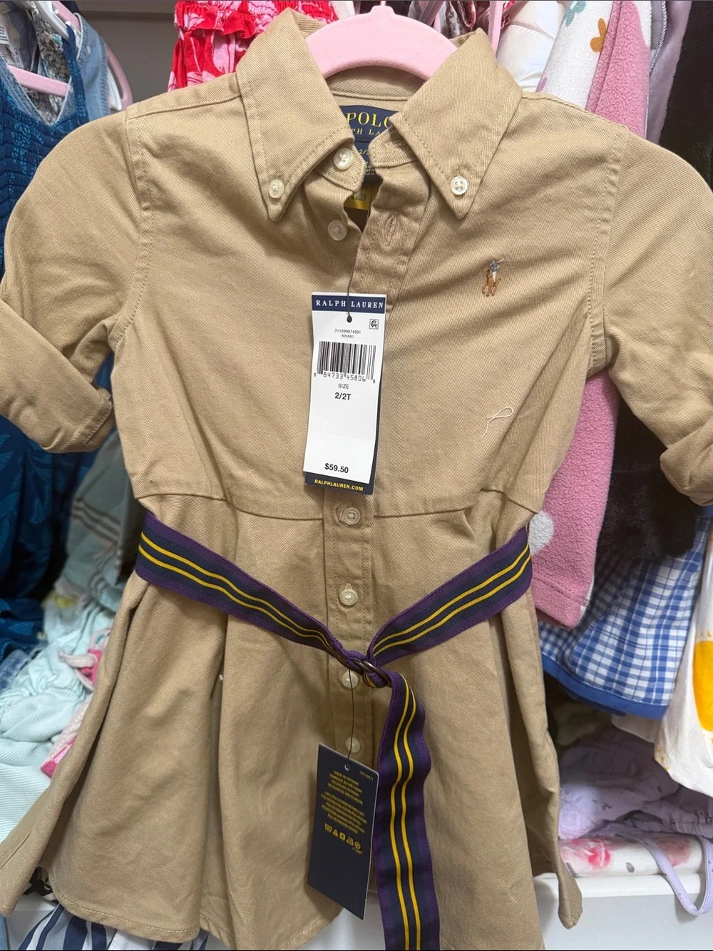 Ralph Lauren Tan Button-Front Dress with Navy & Purple Striped Belt